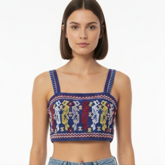 Forever 21 Tops - Forever 21 Blue Red Embroidered Boho Cropped Tank Top Festival Hippie S